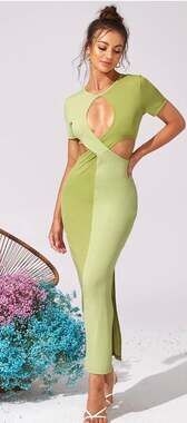 Green Color Block Cut Out Keyhole Side Slit Maxi Dress